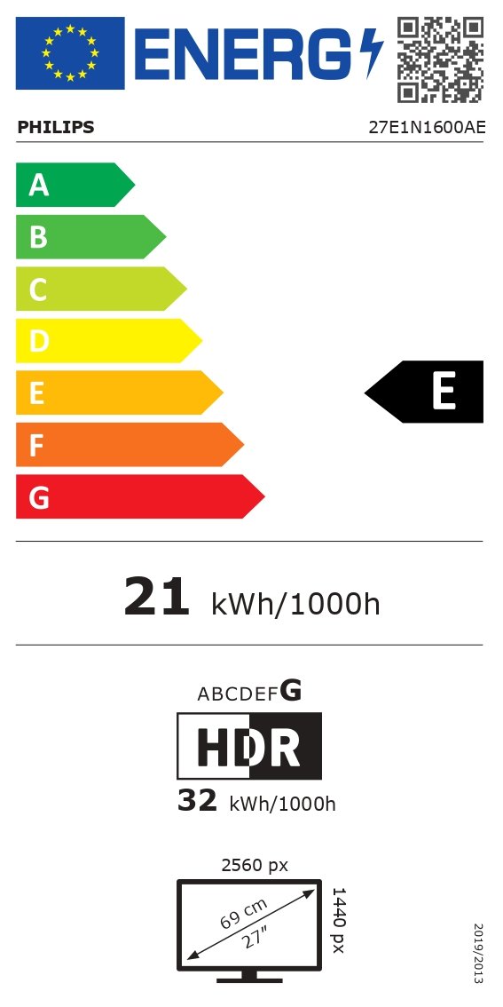 Philips | 27E1N1600AE/00 | 27 " | IPS | 16:9 | 100 Hz | 4 ms | 2560 x 1440 pixels | 350 cd/m² | HDMI ports quantity 1 | Warranty 36 month(s)